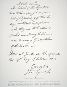 Dopis o kapitulaci Yorktownu, podepsaný lordem Cornwallisem od School American