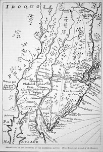 Mapa Pensylvánie na začátku 18. století, z Humphreyho „Účtu misí“ (litho) od School American