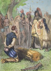 Pocahontas zachrání život Johnu Smithovi (barevná rytina)