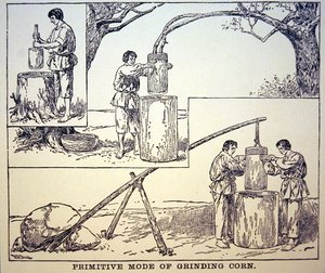 Primitivní metoda mletí kukuřice (litho) od School American
