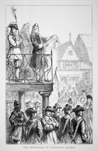 Sir Edmund Andros prohlašuje v roce 1686 panství Nové Anglie se sebou jako guvernérem (litho) od School American