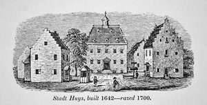 Dutch Stadt Huys, New Amsterdam (New York), postavený v roce 1642 a zbořen v roce 1700 (litho) od School American