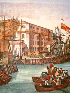 Pohled na newyorský přístav v polovině 18. století (barevné lito) od School American