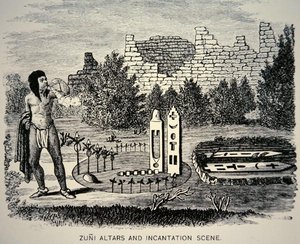 Zuni Tribesman foukající pyl přes svatyni Pueblo (rytina) od School American