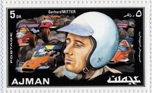 Razítko Emirates Arab Units představující automobilového řidiče Gerharda Mittera (1935-1969) od School Arabic