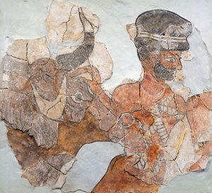 Freska zobrazující oběť z archeologického naleziště Mari (nyní Tell Hariri), Sýrie,