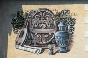 Detailní záběr na fresku na zdi, Oberarnsdorf, Wachau, Dolní Rakousko, Rakousko