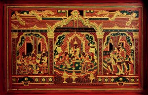 Detail truhly s rukopisem z Myanmaru (lakované dřevo) od School Burmese