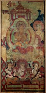Čínské umění: skupina bódhisatvů (nebo bódhisatvů). malování na hedvábí. Dynastie Touen Houang z 10. století, Musée des Arts Asians de Guimet, Paříž. od School Chinese