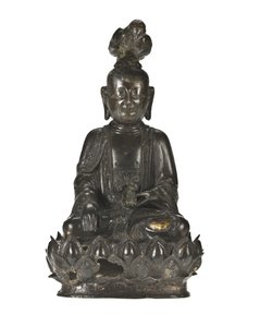 Postava Guanyin, čínské bohyně milosrdenství sedící na lotosovém podstavci s havranem posazeným na hlavě a králíkem spočívajícím v levé ruce od School Chinese
