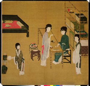 Interiérová scéna, konec 18. nebo 19. století (čínský černý inkoust a silně nanesené pigmenty na hedvábí) od School Chinese