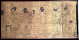 Palace Ladies at Leisure Handscroll, detail dam připravujících se vyrazit, podle originálu od Wen-chu Chou (fl.970) období Southern Sung, kolem 1140 (inkoust a pigment na hedvábí) (viz také 114250) od School Chinese