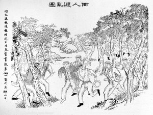 Boxerské povstání: Evropané bojující proti boxerům. Ilustrace publikovaná v Shanghai Journal Toung-Ouen-Hou-Pao. circa 1899. od School Chinese