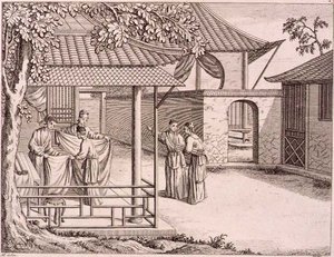 „Prodej hedvábí poté, co je tkané“, Čína, konec 18. století (dřevořez) od School Chinese