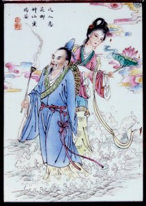 Letní alegorie Žena držící květ lilie a muž držící vonný prsten procházející sprejem. Malba na anonymní porcelán. Soukromá sbírka z 18. století od School Chinese
