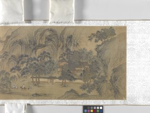 Cestovatelé v pobřežní vesnici, datum neznámé (tuš a barva na hedvábí) od School Chinese