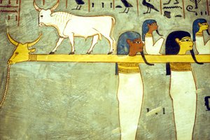 Starověký Egypt, malba, bohové podsvětí přivázaní k Hathor, božská kráva, tažení sluneční bárky, hrobka Ramesse I., Théby od School Egyptian