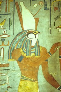 Starověký Egypt, malba, Horus, bůh se sokolí hlavou, bůh králů, hrobka Ramesse I., Théby od School Egyptian