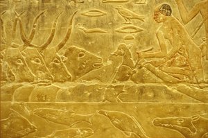Starověký Egypt, Nástěnné řezby/malby, Mastaba/Tomb of Idout, Sakkára, 6. dynastie, Dobytek brodí řeku, Muž pomáhá teleti přes řeku, Matka se dívá (foto) od School Egyptian
