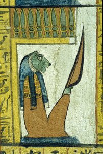 Starověký Egypt, Nástěnná malba, Bůh podsvětí se lví hlavou, Sennedjemská hrobka, Théby, Deir el Medina od School Egyptian