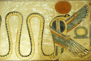 Starověký Egypt, Nástěnná malba, Amonova hrobka, Uraeus a okřídlení hadi střeží vchod do pohřební komory, 20. dynastie, Údolí královen (foto) od School Egyptian