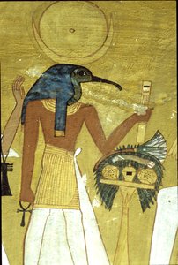 Starověký Egypt, Nástěnná malba Inherkhauova hrobka, Théby, Bůh Thoth představuje zemřelého Osirisovi, 20. dynastie, Bůh s hlavou ibise a měsíčním kotoučem (foto) od School Egyptian