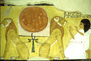 Starověký Egypt, Nástěnná malba Inherkhauova hrobka, Théby, Inherkhau adorující dva lvy, strážce dneška a zítřka, 20. dynastie (foto) od School Egyptian