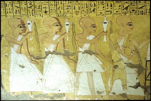 Starověký Egypt, Nástěnná malba Inherkhauova hrobka, Théby, Hrobka šlechticů, 20. dynastie, Kněží nalévající úlitby za Inherkhaua (foto) od School Egyptian