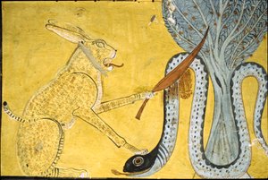 Starověký Egypt, Nástěnná malba Inherkhauova hrobka, Théby, Hrobka šlechticů, 20. dynastie, Amon ( Kočka ) zabíjející hada, znázorňující Amona porážejícího hada, Apofis pod posvátným stromem (foto)