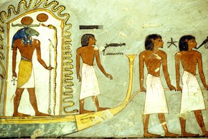 Starověký Egypt, Nástěnná malba/řezba, Cesta podsvětím loď tažená muži, Hrobka Ramesse I., Théby od School Egyptian