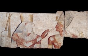 Umění starověkého Egypta: Král Ramses II je představen bohům Horovi, Amonovi a Hathor, kteří mu dávají život a královské insignie. Nízký vápencový reliéf z chrámu Ramsese II. a Abydos Kolem roku 1250 př. Kr. 19. dynastie. Nová Říše. Paříž, Musee du Louvre od School Egyptian
