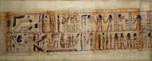 Starověký egyptský mytologický papyrus Serimen. Navrch: při stvoření světa je bůh Geb (Země) oddělen od bohyně Nout (nebe); bohové a džinové od nynějška. Níže: Serimen vzdává hold slunci, které zaplavuje jeho ra od School Egyptian