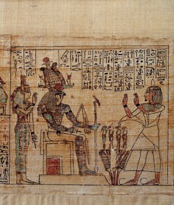 Umění starověkého Egypta: Mytologický papyrus Serimen. serimen v uctívání před bohem ptah-sokar-osiris následovaným Isis. Rukopis 21. dynastie (asi 1069-945), třetí meziobdobí (asi 1069-664 př. Kr.). Malování.
