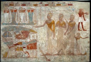 Umění starověkého Egypta: hudebníci na banketu. Malba na bahně (kolem 1400 př. Kr.). od School Egyptian