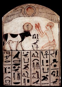 Starověké umění: stéla Serapeum (malovaný vápenec). Klanění Boha Apise. Malovaná vápencová socha, nízké období (664-332 př.nl), Egypt. Paříž, Musee du Louvre od School Egyptian