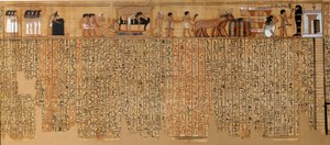 Egyptský starověk: Kniha mrtvých, Papyrus z Nebqedu. Kolem 1400-1350 př.n.l. 18. dynastie. Z Théb. Sun 6,3 m Paříž, Musee du Louvre