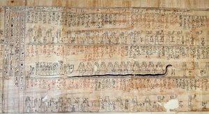 Egyptský starověk: Papyrus přebírá z Knihy tajných domovů. Tato kniha je komentovanou reprezentací podzemní cesty slunce během dvanácti hodin noci. Nejprve kreslí na stěnách královských svazků, poté bylo přepsáno dál od School Egyptian