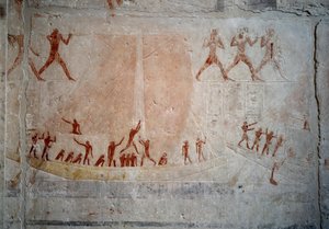 Egyptský starověk: plachetnice. Vápencový reliéf z kaple Mastaba of Akhethetep v Sakkáře. 5. dynastie (kolem 2500-2350 př. Kr.) 2300 př. Kr. Paříž, muzeum Louvre od School Egyptian