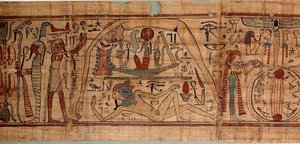 Egyptská starověká alegorie kosmu: mytologický papyrus Neskapashouty, účetní písař zrn reprezentujících kosmogonii, s Gebem, Noutem, Nephtysem, Osirisem. 1070-664 před naším letopočtem. 21. dynastie. Slunce 2,7x0,27 m Paříž, musee du Louvre