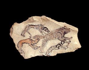 Egyptský starověk: ostrakon (nebo ostracon) (množné číslo: ostraca nebo ostraka) (keramika) ve vápenci představující tři psy lovící hyenu. 1300-1070 před naším letopočtem. Slunce. 0,15x0,08 m od Deir el Medineh. Paříž, muzeum Louvre od School Egyptian