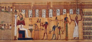Egyptská antiquitis: vážení duší, papyrus Knihy mrtvých Chahapiimou, představený Amonových astronomů. Ptolemaiovské období (332–30 př. n. l.) Kolem 500–100 př. n. l. Paříž, muzeum Louvre