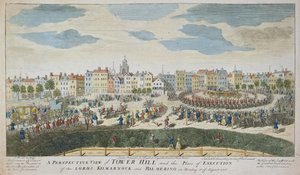 Perspektivní pohled na Tower Hill a místo popravy pánů Kilmarnocka a Balmerina