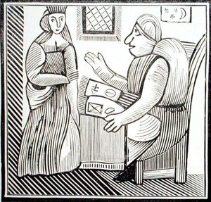 Žena hledá radu od věštce, kopie ilustrace z „Historie Matek Západu“, ze sbírky esoterických knih 14.–17. století (dřevořez) od School English