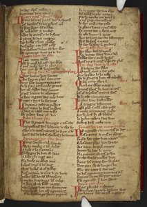 Harley MS 2558 f.8r, Novele cirurgerie, úryvek (365 řádků). Sbírka lékařských receptů v anglo-normanském verši (vellum) od School English