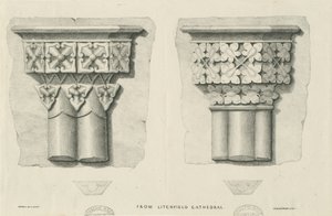 Interiér katedrály Lichfield - vyřezávané listy: litografie a [? 19. století] (tisk) od School English