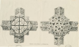 Interiér katedrály Lichfield - vyřezávané listy: litografie a [? 19. století] (tisk) od School English