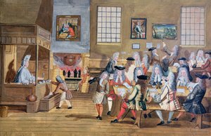 Interiér londýnské kavárny, cca 1650-1750 (akvarel na papíře) od School English