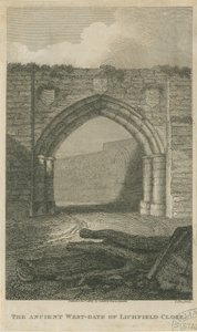 Lichfield - Ancient West Gate of The Close: rytina, nd [c 1805] (tisk) od School English
