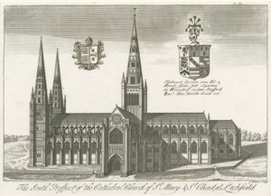 Katedrála Lichfield - South View: rytina a [? počátku 18. století] (tisk) od School English