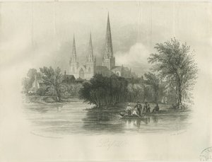 Katedrála Lichfield - South West View: rytina (vinětace), nd [c 1842] (tisk) od School English